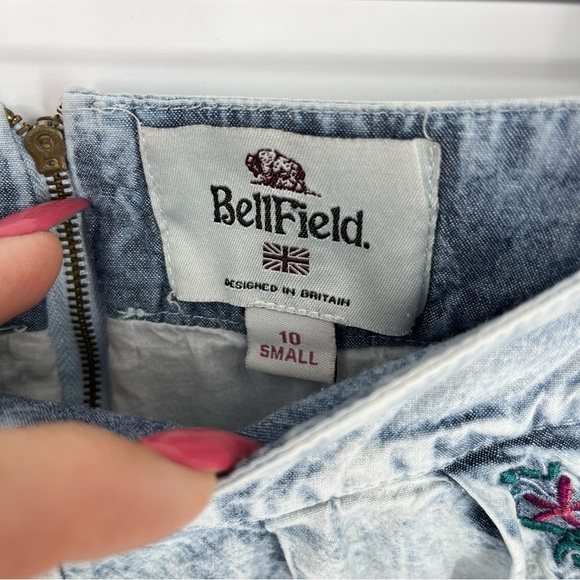 BELLFIELD Floral Embroidered‎ High Waist Chambray Light Acid Wash Shorts Cotton - Picture 2 of 13